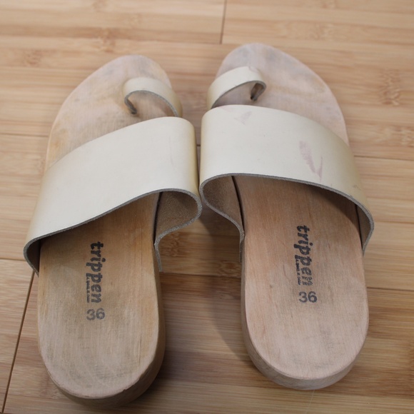 Trippen 36 Zen F Gold Leather Wood Toe Loop Slides Sandals - Picture 3 of 8